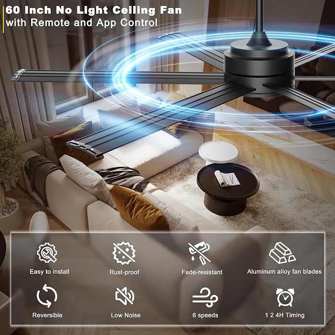 Ohniyou 60" Ceiling Fan No Light - Industrial Fan Remote & APP Control, Quiet DC Motor, Indoor/Outdoor Ceiling Fan for Patio, Shop, Garage, Aluminum Blades, Black