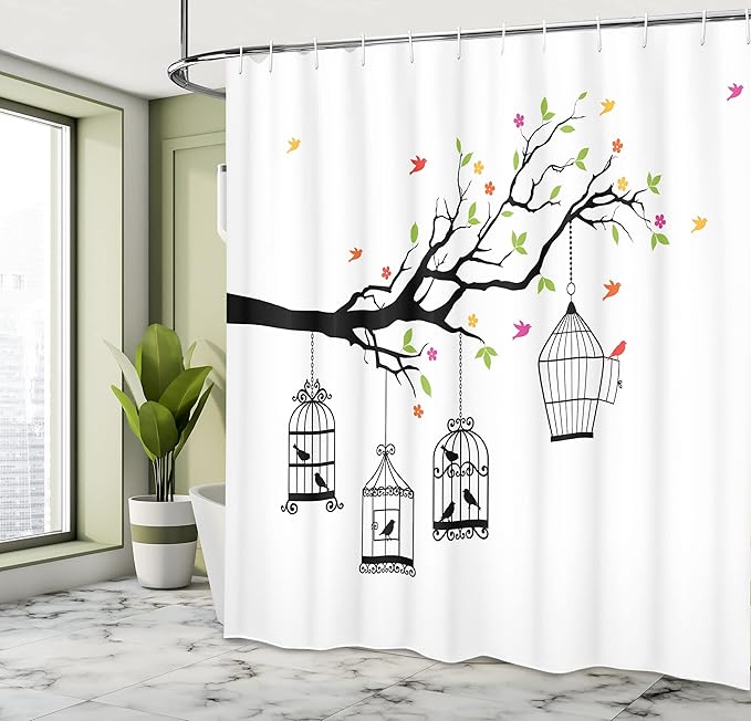 Ambesonne Birds Shower Curtain, Floral Colorful Tree Branch with Birds and Open Cages Freedom Theme Spring Liberty, Cloth Fabric Bathroom Decor Set with Hooks, 69" W x 75" L, Apple Green