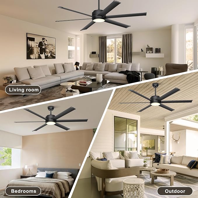 Ohniyou 60" Industrial Ceiling Fan with Lights - Remote & APP Control, Dimmable, DC Motor, Outdoor Fan with Aluminum Blades for Patio Living Room, Black