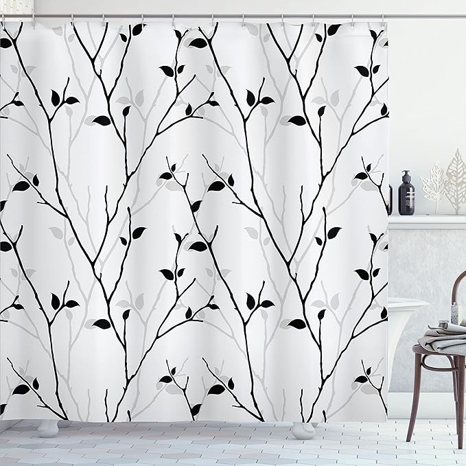 Ambesonne Leaf Shower Curtain, Branches in The Fall Trees Stem Twig Last Few Leafage Minimalistic Design Art, Cloth Fabric Bathroom Decor Set with Hooks, 69" W x 84" L, Coconut Black