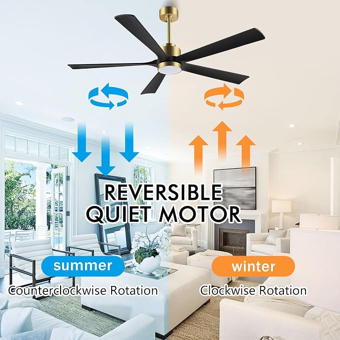 ELEHINSER 52" Modern Ceiling Fan with Light and Remote Control, 5 Solid Wood Blades 6-Speed Noiseless Reversible DC Motor, for Bedroom Dinning Living Room, Gold Finish with Black Blades
