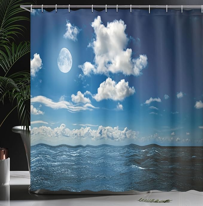 Ambesonne Ocean Shower Curtain, Full Moon Night Sky and Wavy Ocean Horizon with Clouds Romantic Scene Image, Cloth Fabric Bathroom Decor Set with Hooks, 69" W x 70" L, Aqua Blue