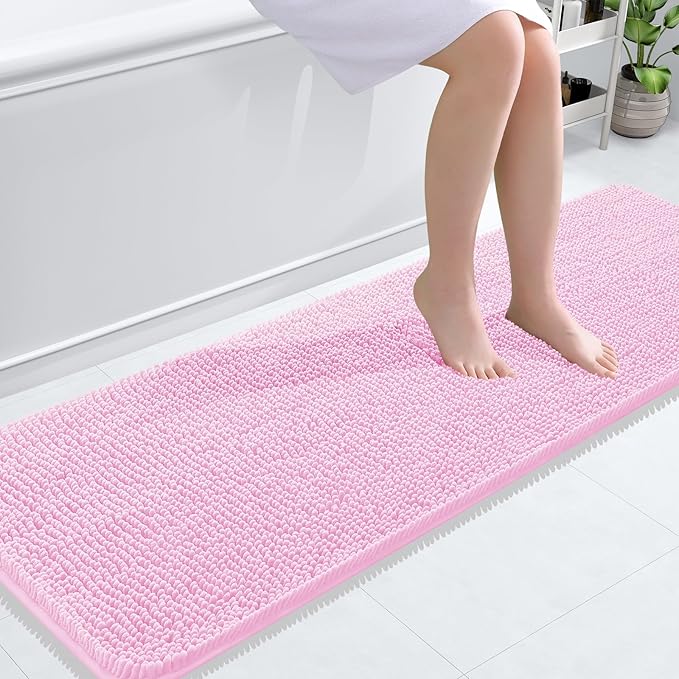 OLANLY Bathroom Runner Rugs 59x20, Extra Soft Absorbent Chenille Bath Rugs, Rubber Backing Quick Dry, Machine Washable Long Bath Mats for Bathroom Floor, Tub and Shower, Home Decor Accessories, Pink