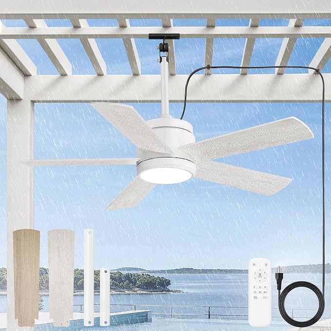 Fanbulous 42" Outdoor Ceiling Fan with Light and Remote, IP65 Waterproof, Plug-in Design with 10FT Cord, 6-Speeds, 3CCT, Hook Hanging Fan for Gazebo Patio Porch Garage Canopy(White)