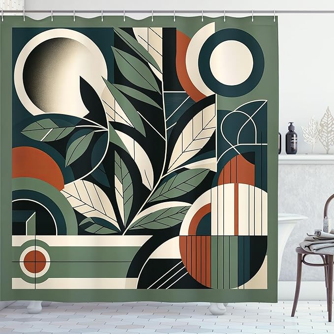 Ambesonne Mid Century Modern Shower Curtain, Leaves Art with Abstract Retro Geometric Lines and Shapes, Cloth Fabric Bathroom Decor Set with Hooks, 69" W x 75" L, Sage Green Cinnamon Beige