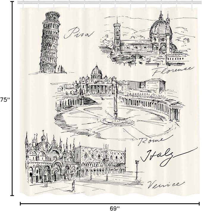 Ambesonne Sketchy Shower Curtain, Travel The World Themed Historical Italian Landmarks Venice Rome Florence Pisa, Cloth Fabric Bathroom Decor Set with Hooks, 69" W x 75" L, White Charcoal Grey