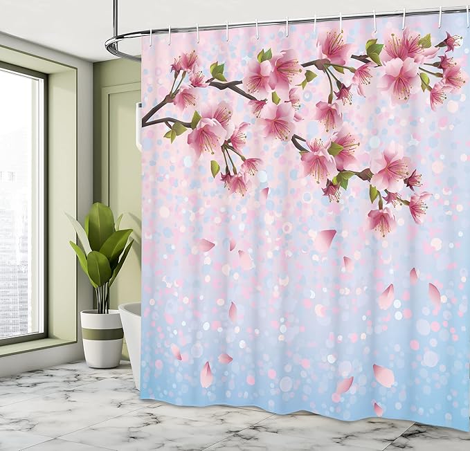 Ambesonne Nature Shower Curtain, Sakura Twig Blossom Leaves on Background of Colorful Flying Petals Flourish, Cloth Fabric Bathroom Decor Set with Hooks, 69" W x 70" L, Pink Blue Green