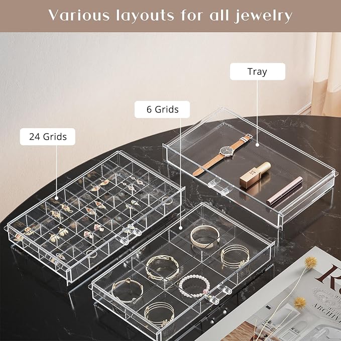 ProCase Acrylic Earrings Holder Organizer Box -Clear, 5 Layers | 79 Jewelry Storage Grid Large Clear Compartments Transparent Stackable Drawers Jewelry Display for Earring Ring Bracelet