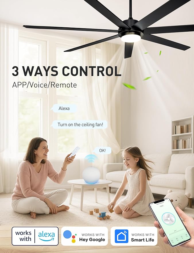 Minislak 72 Inch Black Smart Ceiling Fan with Light and Remote via WIFI Alexa APP Control,6 Speed Quiet DC Motor,Dimmable,Indoor Outdoor Ceiling Fans for Patios or Bedroom