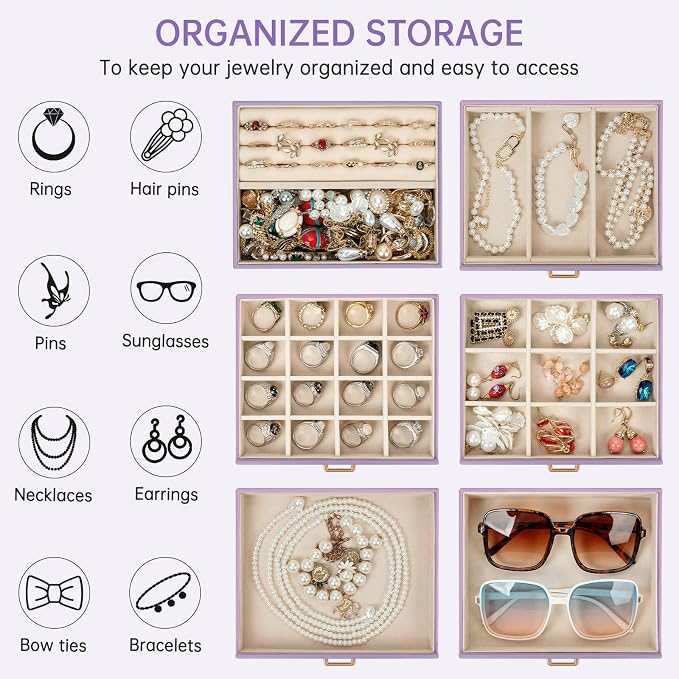 AKOZLIN 6-Tier Jewelry Box Organizer Functional 5 Drawers Leather Jewelry Storage Case for Women Girls Ring Necklace Earring Bracelet Holder Organizer with Mirror Medium Violet