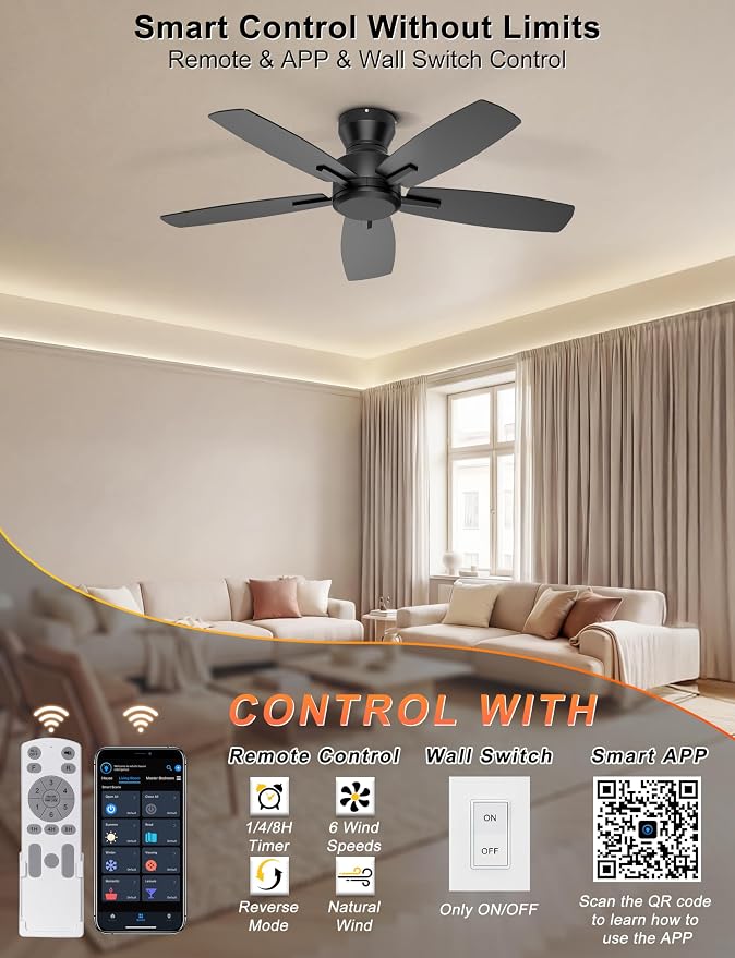 Ohniyou 42 Inch Ceiling Fan No Light, Low Profile Ceiling Fan with Remote and App Control, Flush Mount Ceiling Fan without Light for Bedroom Kitchen Covered Patios, Quiet DC Motor, Black