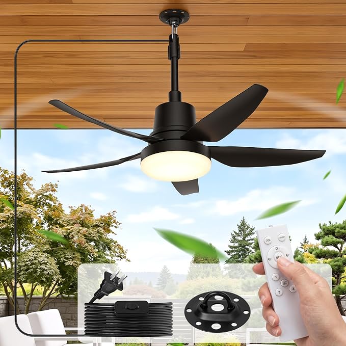 Plug in Ceiling Fan with Light,30" Portable Outdoor Ceiling Fans with Remote–4 Speeds,3000K-6500K LED Hanging Fan Light with Hook for Gazebos,Patios,Garage,Camping,RV,Workshops (Black)