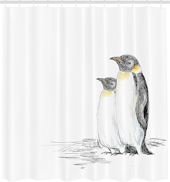 Ambesonne Sea Animals Shower Curtain, Hand Drawn Art Penguins Aquatic Flightless Birds Polar South Pole Wildlife, Cloth Fabric Bathroom Decor Set with Hooks, 69" W x 84" L, Charcoal White
