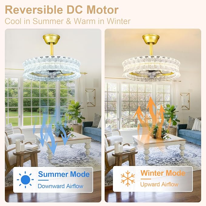 Depuley Crystal Ceiling Fans with Lights: 20" Gold Cagd Fan with Remote Control - Fandelier Fan Light for Girl's Bedroom Living Room Nursery