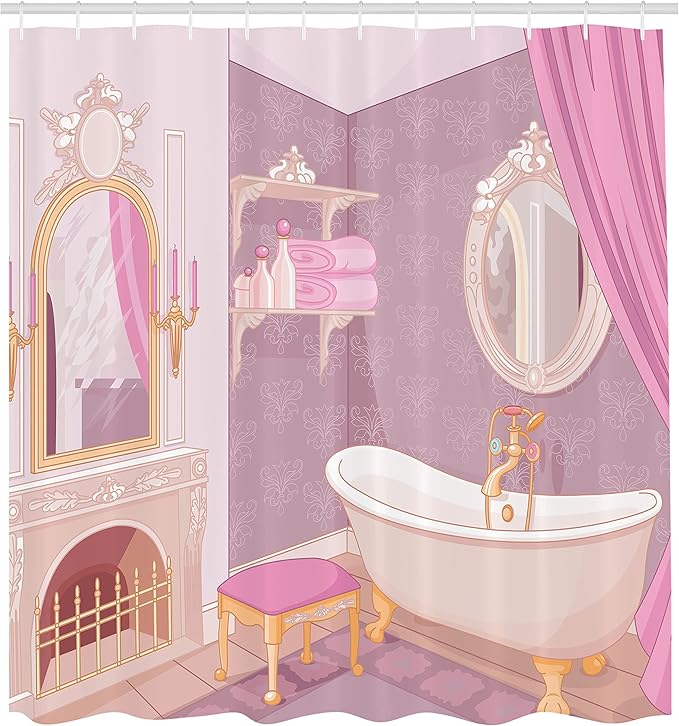 Ambesonne Feminine Shower Curtain, Design in The Palace of The Cartoon Bathtub Cabinet Mirror Washroom, Cloth Fabric Bathroom Decor Set with Hooks, 69" W x 70" L, Beige Pink