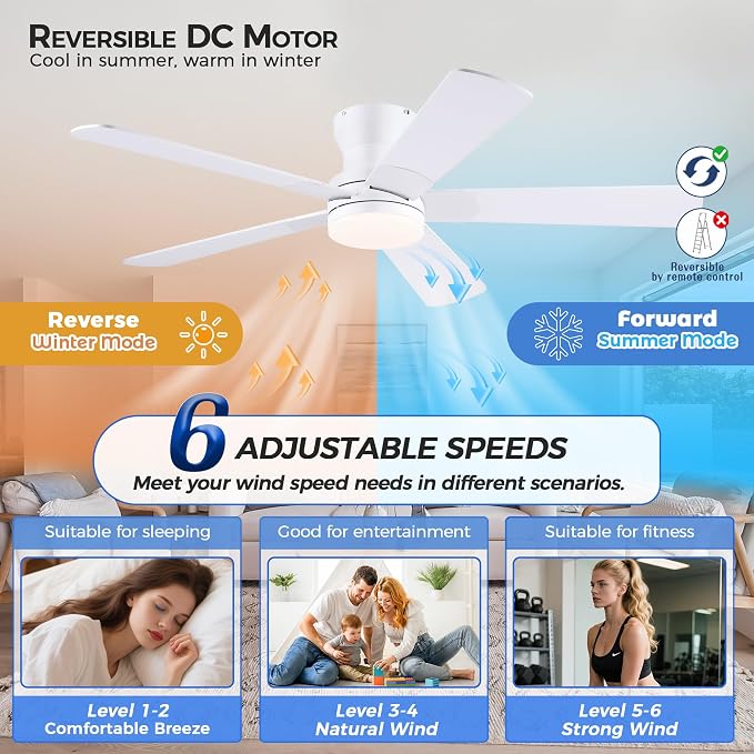 Ayaoty 52" White Ceiling Fans with Lights and Remote/APP - Flush Mount Low Profile Ceiling Fan with 5 Reversible Dual-Sided Blades, Dimmable, 1/2/4H Timer, Modern Indoor Fan Light for Kitchen, Bedroom