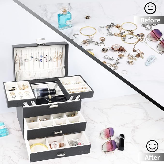 Dajasan Jewelry Organizer Box, Large Jewelry Boxes for Women Girls, Space-Saving 4 Layers Jewelry Storage Case with Drawer, Movable Metal Stand, Modern, Gift Idea (Black + Silver)
