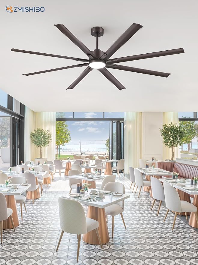 ZMISHIBO 84" Industrial Ceiling Fans with Lights, Large Ceiling Fan with 3CCT, 8 Reverisble Aluminum Blades, Quiet DC Motor, 6-Speed, Indoor/Outdoor Ceiling Fans for Patios/Garage/Porch, Oil-bronze