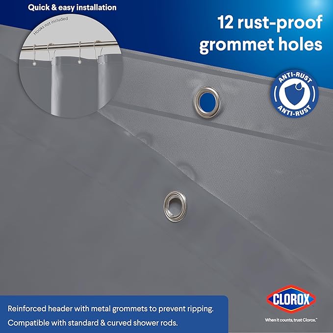Clorox Shower Curtain Liner, Premium Colored Medium-Weight Durable Waterproof 6g PEVA for Bathroom with Weighted Magnets, Standard Size 72" x 72", Grey