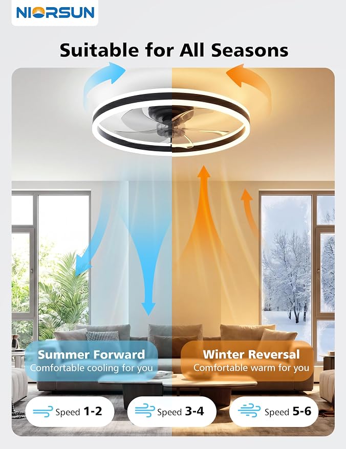NIORSUN RGB Ceiling Fans with Lights and Remote, Modern Smart LED Ceiling Fans Light, 6 Speeds & 3000K-6500K Dimmable, Quiet Bladeless Fandelier Ceiling Fan with Light for Bedroom (20Inch,Black)