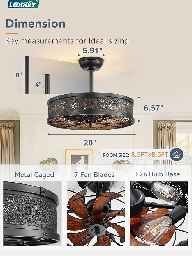 LEDIARY Farmhouse Chandelier Ceiling Fan with Light,20 Inch Black Caged Enclosed Bladeless Fan Lights Ceiling Fixtures,Vintage Victorian Rustic Fandelier for Indoor,Kitchen,Bedroom,Living Room