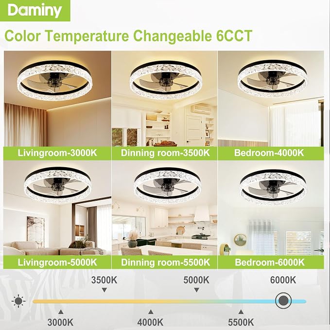 DAMINY 20inch Black Ceiling Fans with Lights and Remote, 6CCT, Dimmable Smart Low Profile Ceiling Fan with Light, 6 Speeds Flush Mount Modern Bladeless Ceiling Fan for Bedroom