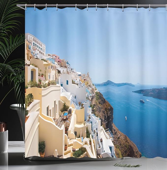 Ambesonne European Shower Curtain, Cityscape on The Edge of Cliff Greece Island Land with Mediterranean Culture Theme, Cloth Fabric Bathroom Decor Set with Hooks, 69" W x 75" L, Ecru