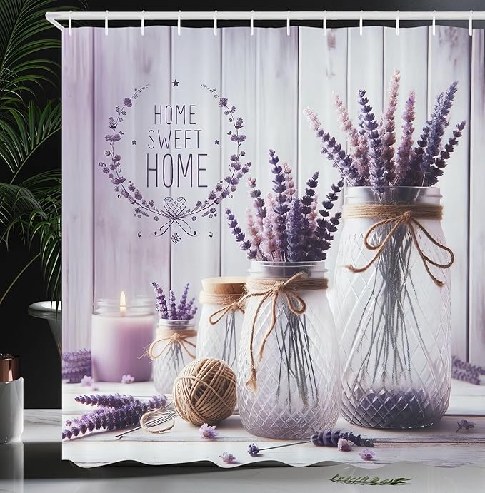 Ambesonne Purple Shower Curtain, Classic Farmhouse Lavender Flowers on Rustic Back with Home Lettering, Cloth Fabric Bathroom Decor Set with Hooks, 69" W x 84" L, Off White Grey Pink Lilac