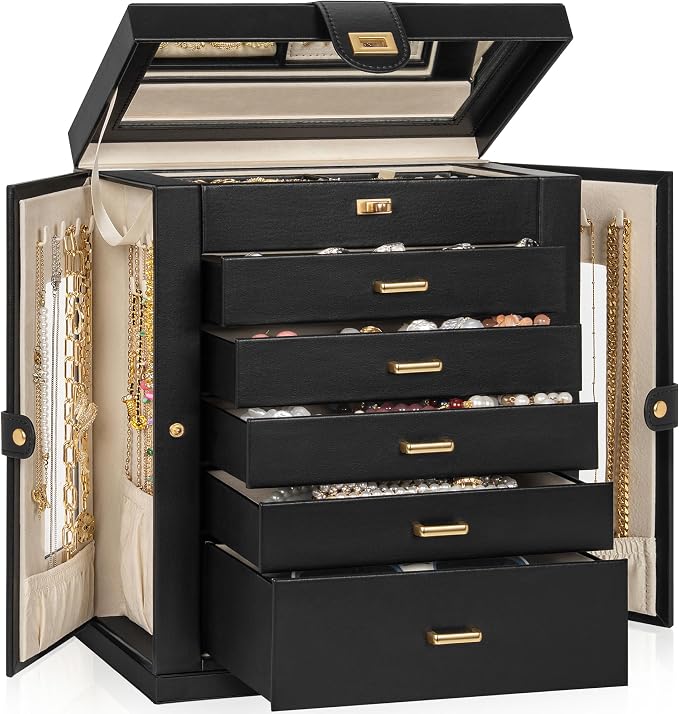 AKOZLIN 6-Tier Jewelry Box Organizer Functional 5 Drawers Leather Jewelry Storage Case for Women Girls Ring Necklace Earring Bracelet Holder Organizer with Mirror XL Black 360° Rotating