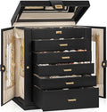 AKOZLIN 6-Tier Jewelry Box Organizer Functional 5 Drawers Leather Jewelry Storage Case for Women Girls Ring Necklace Earring Bracelet Holder Organizer with Mirror XL Black 360° Rotating