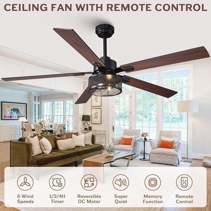 60 Inch Farmhouse Ceiling Fans with Lights, Rustic Ceiling Fan with Remote and APP Control, 5 Dual Finish Blades, 6-Speed Quiet Reversible DC Motor with Timer for Kitchen Living Room Patio