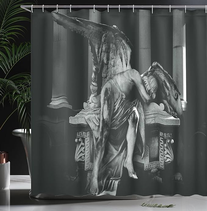 Ambesonne Retro Shower Curtain, Angel Architecture Monuments Sadness Gothic Mysticism Theme Greek Artwork, Cloth Fabric Bathroom Decor Set with Hooks, 69" W x 84" L, Black Grey