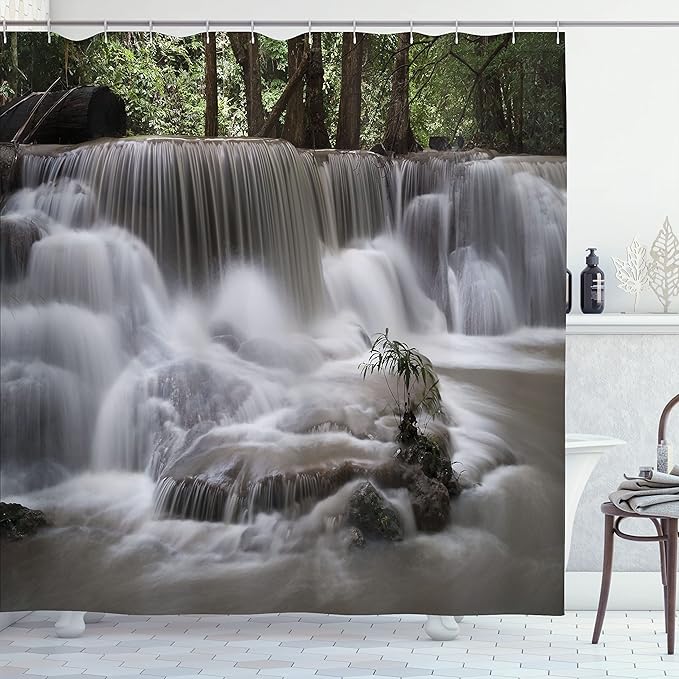 Ambesonne Waterfall Shower Curtain, Mystic Waterfall in Forest Trees with Splashing Water Babbling Brook, Cloth Fabric Bathroom Decor Set with Hooks, 69" W x 70" L, Dark Brown White Green