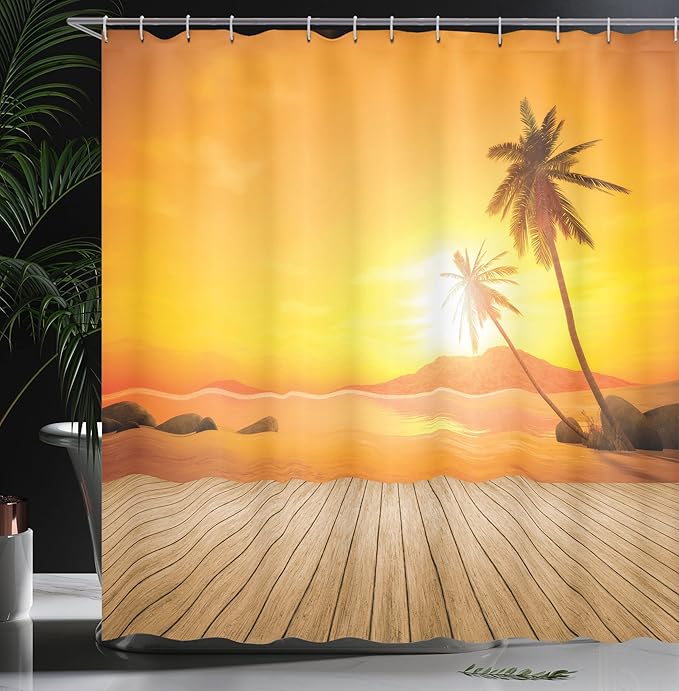 Ambesonne Ocean Shower Curtain, Sunset Over The Ocean with Palm Tree and Wooden Deck Horizon View Image Tropical, Cloth Fabric Bathroom Decor Set with Hooks, 69" W x 70" L, Orange Brown