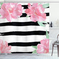 Ambesonne Floral Shower Curtain, Watercolor Peony Flowers with Black Brush Strokes Romantic Spring Print, Cloth Fabric Bathroom Decor Set with Hooks, 69" W x 70" L, Pink White