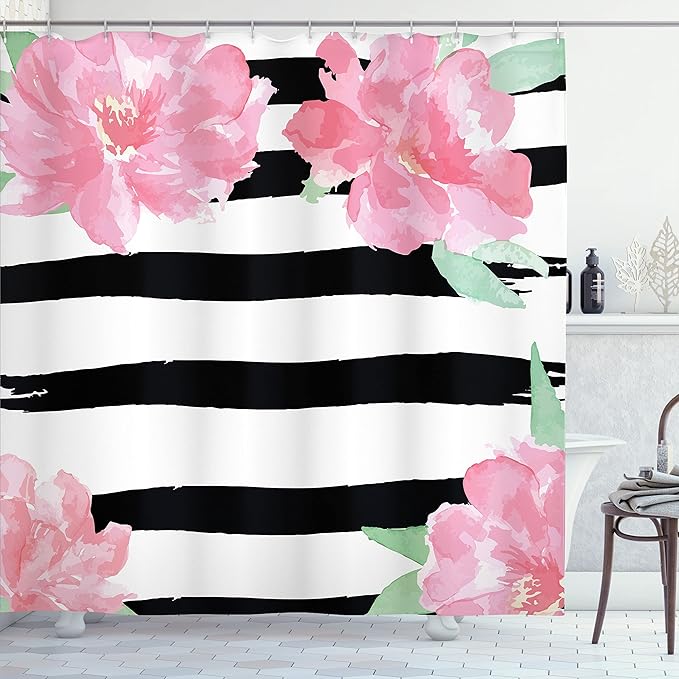 Ambesonne Floral Shower Curtain, Watercolor Style of a Peony Flowers with The Black Brush Strokes Inspired by Romantic Spring, Cloth Fabric Bathroom Decor Set with Hooks, 69" W x 75" L, Pink White