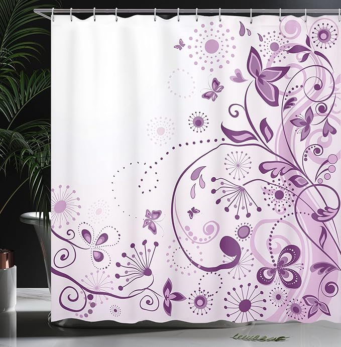 Ambesonne Mauve Shower Curtain, Curved Flower Leaf Ornate Blooming Branches Romantic Love Print, Cloth Fabric Bathroom Decor Set with Hooks, 69" W x 75" L, Violet Lilac