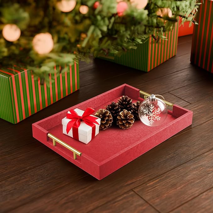 ATZYmolin 17"x12" Leather Serving Tray, Gold Handle Vanity Platter, Red | Rectangle Ottoman Decor Tray, Polished Metal Handles, Coffee Table Bathroom Home Decorative Wood Tray