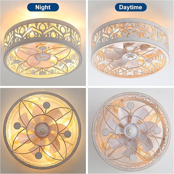 ZYD Caged Ceiling Fan with Light, 16.5" Rust White Bedroom Ceiling Fans, Caged Ceiling Fan with Light Flush Mount, Low Profile Ceiling Flush Mount Fans for Home Art