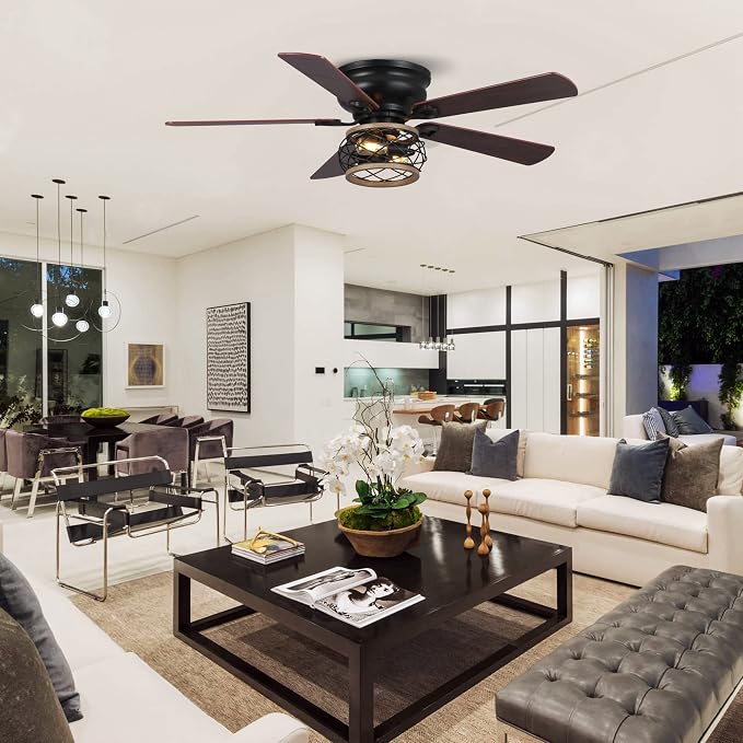 48" Farmhouse Ceiling Fans with Lights, Cage Flush Mount Ceiling Fan with Remote for Bedroom, Living Room, 5 Double Blades, Noiseless Reversible Motor, Timer