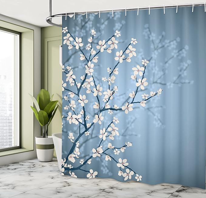 Ambesonne Japanese Shower Curtain, Spring Season Sakura Bloom Design Romantic Cherry Blossom on Blurry Branches, Cloth Fabric Bathroom Decor Set with Hooks, 69" W x 84" L, Blue Grey Ivory