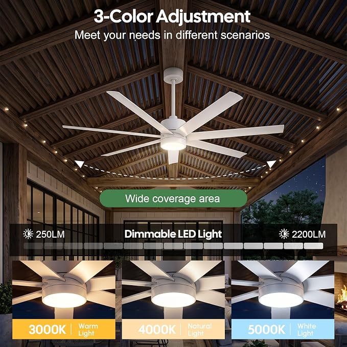 56 Inch Waterproof Outdoor Ceiling Fan with Light, Wet-Rated White Outdoor Ceiling Fans, All-Weather 7 UV-Proof Blades, High CFM Quiet DC Motor, for Exterior Patis, Porch, Terraces, Gazebo