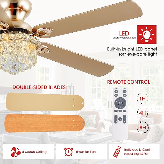 GJeg Crystal Ceiling Fan Fandelier with Lights-Ceiling Fans with Remote Control,Modern Ceiling Fan with Noiseless DC Reversible Motor,Dining Room,Living Room(52" Gold)