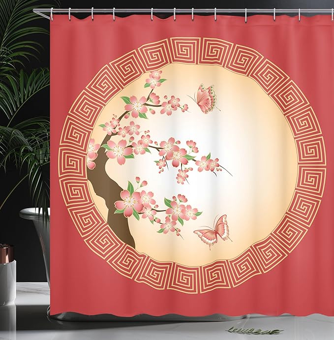 Ambesonne Nature Shower Curtain, Oriental Cherry Blossom Butterflies in Circle Frame Ornamental Arrangement Japan, Cloth Fabric Bathroom Decor Set with Hooks, 69" W x 70" L, Coral Peach