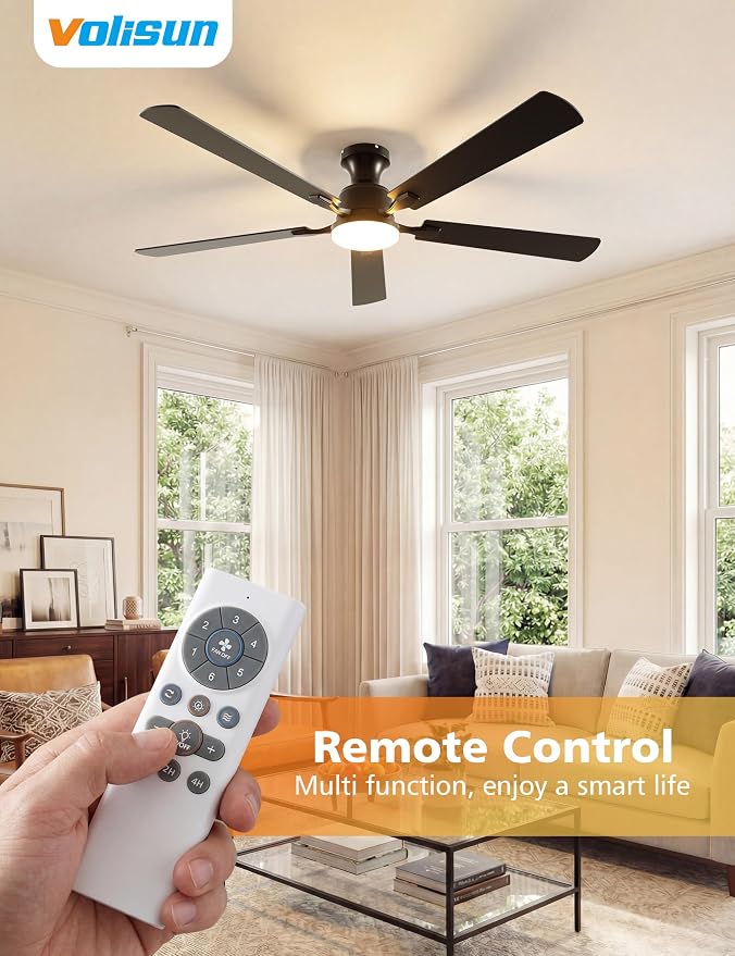 VOLISUN 60 Inch Ceiling Fan with Lights Flush Mount, Low Profile Ceiling Fans with Lights, Remote&APP Control,Dimmable 22W LED Light,Queit&Reversible Fan, Black Ceilings Fans for Bedroom, Living Room