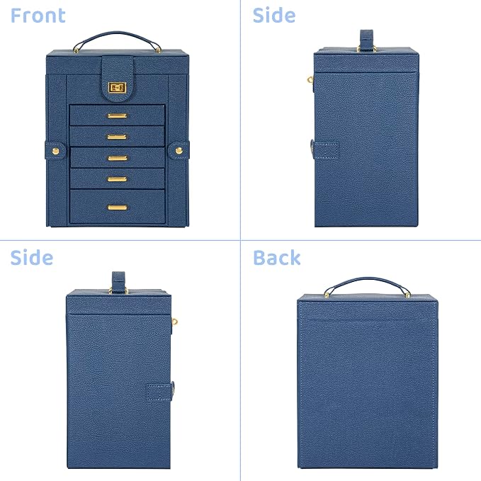 AKOZLIN 6-Tier Jewelry Box Organizer Functional 5 Drawers Leather Jewelry Storage Case for Women Girls Ring Necklace Earring Bracelet Holder Organizer with Mirror Blue Regular