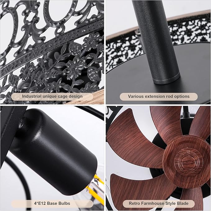 Industrial Caged Ceiling Fans with Lights, Small Black Ceiling Fan with Light And Remote, Farmhouse Ceiling Fan Light for Living Room, Bedroom, Kitchen