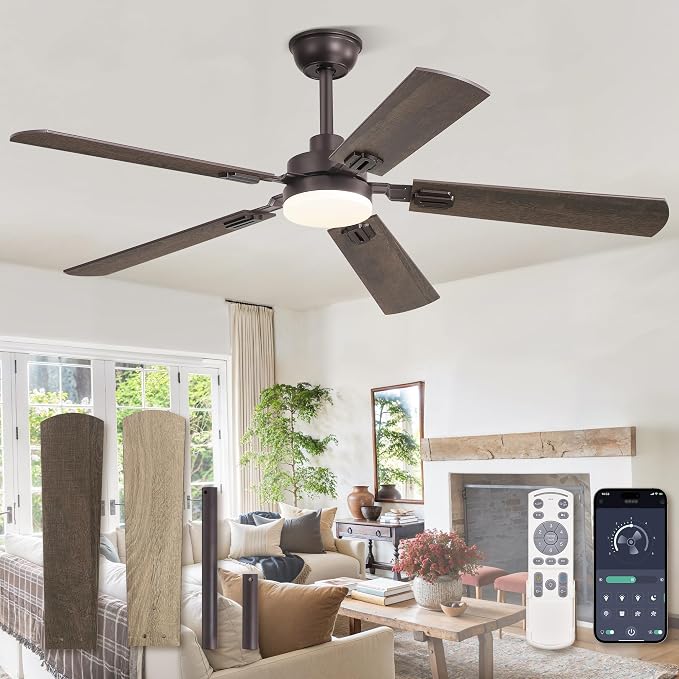 ZMISHIBO 52" Ceiling Fans with Lights, Oil Bronze Farmhouse Ceiling Fan with Remote & App Control, Rustic Indoor Fan with Dual Finish Blades, Quiet & Strong Motor, 24W Dimmable Bright LED Light.