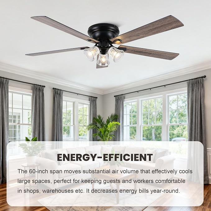 Dawn Whisper 60 Inch Farmhouse Flush Mount Ceiling Fans with 3 Lights Bulbs Base Vintage Low Profile Ceiling Fan for Living Room Bedroom