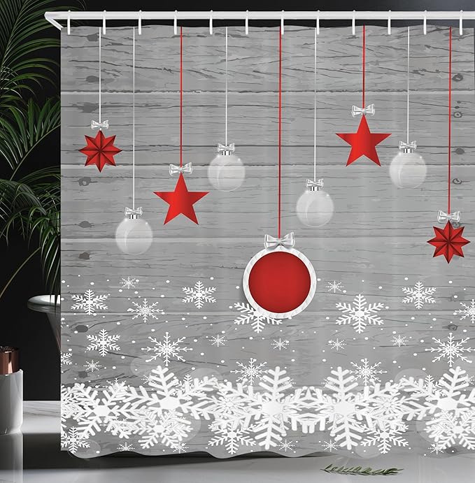 Ambesonne Christmas Shower Curtain, Traditional Celebration Theme Pendant Stars Baubles Ornate Snowflakes, Cloth Fabric Bathroom Decor Set with Hooks, 69" W x 75" L, Grey Red White